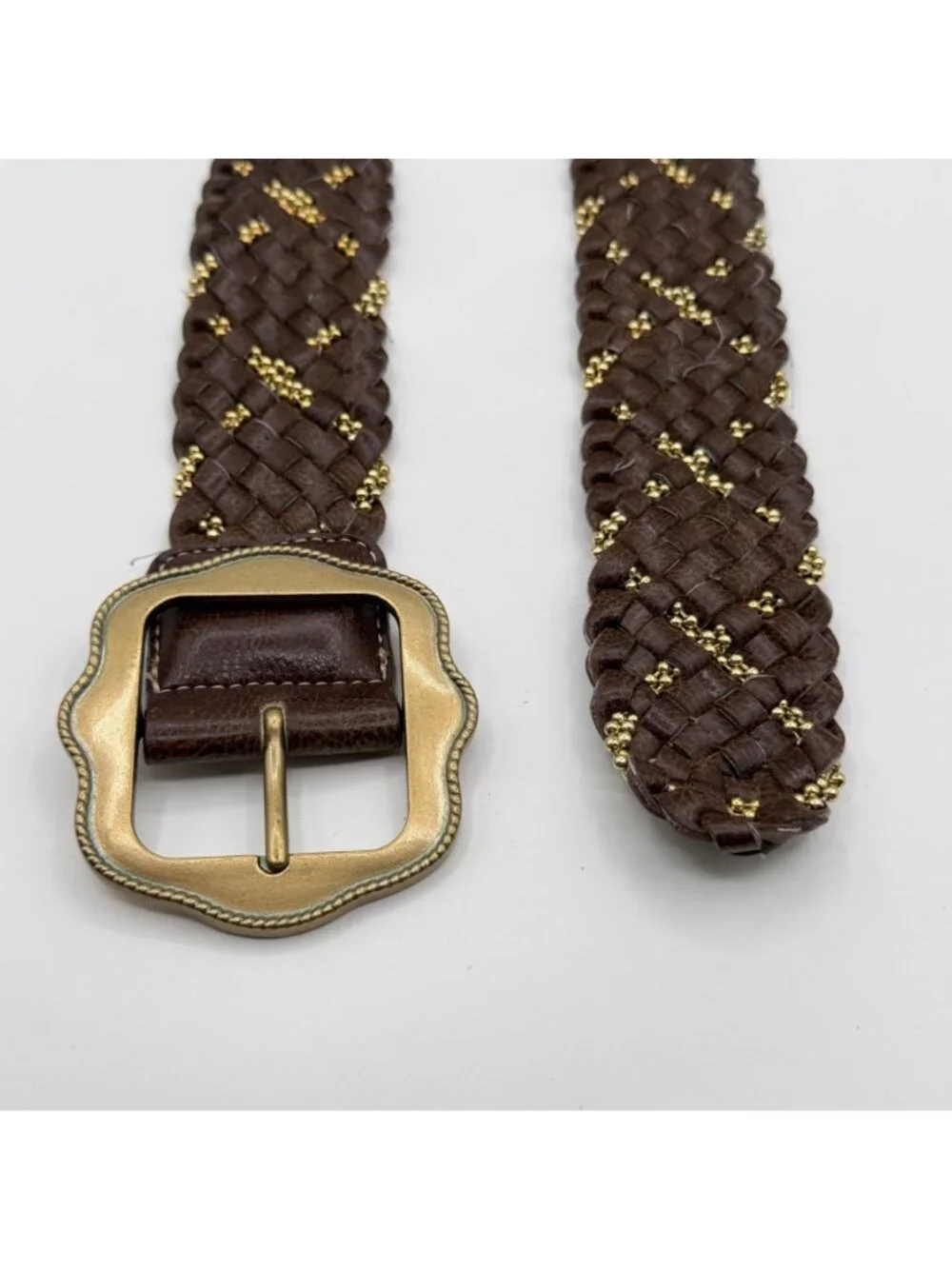 Kathy Van Zeeland Brown Braided Leather Belt w/ Bead Detail Boho Festival